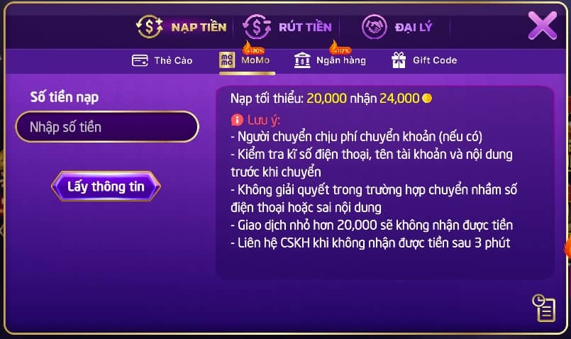 Giao diện nạp tiền qua momo Giao diện nạp tiền qua momo